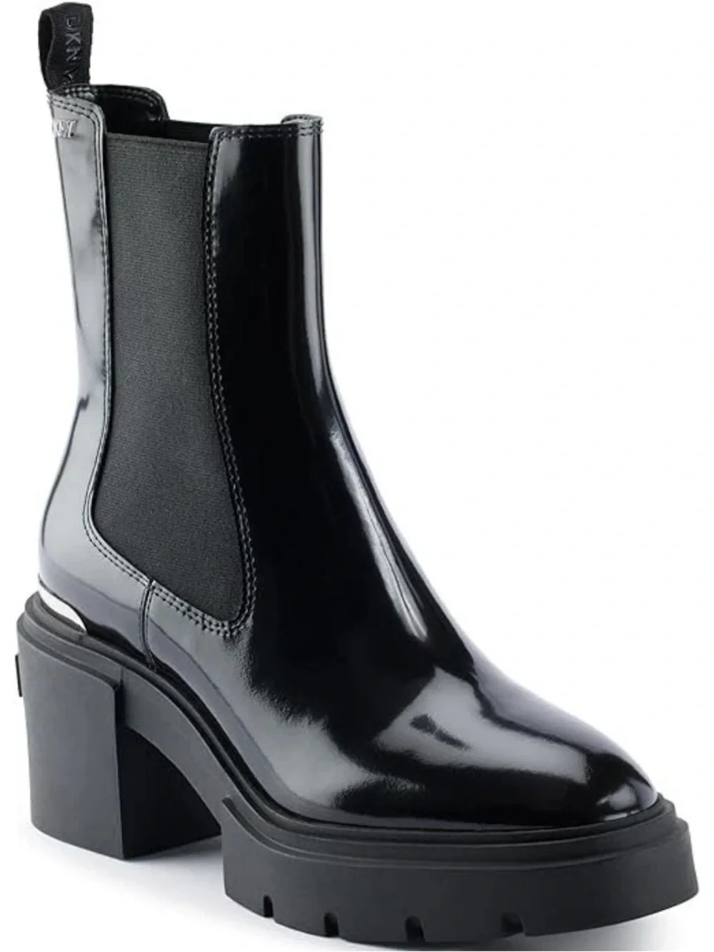 DKNY Thana Platform Chelsea Ankle Boot Black Leather Logo Rubber Sole Heel 6